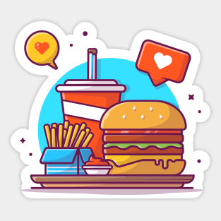 Burger, Soft Drink, French Fries, And Sauce With Love Bubble Speech Cartoon Sticker